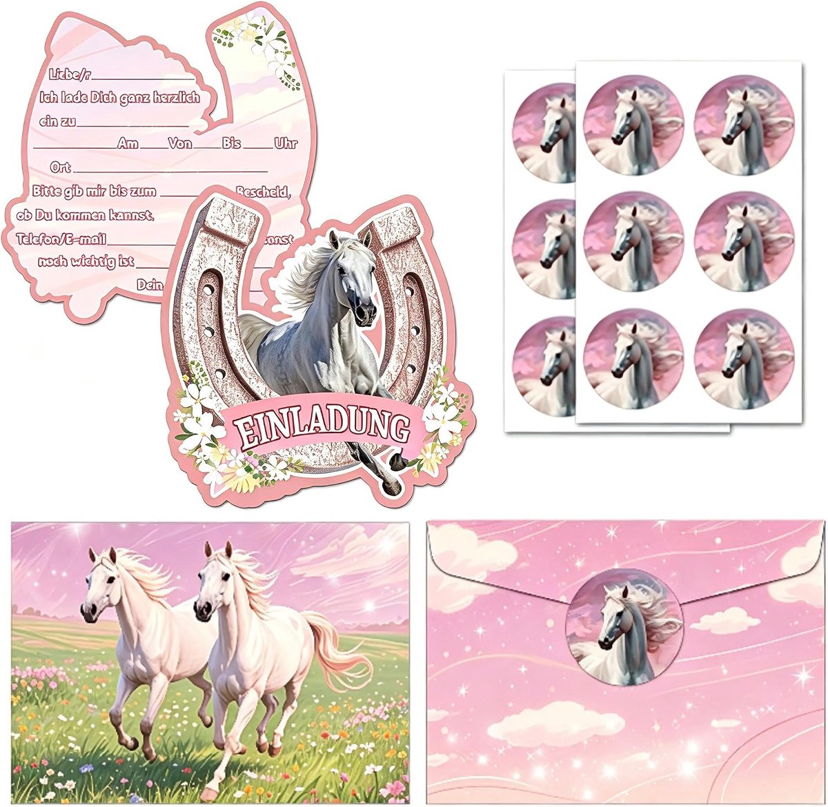 Uitnodigingskaarten paarden - 12 stuks uitnodiging paarden kinderverjaardag meisjes, uitnodigingen verjaardag paarden met enveloppen, hoefijzer verjaardagsuitnodigingen voor kinderfeest