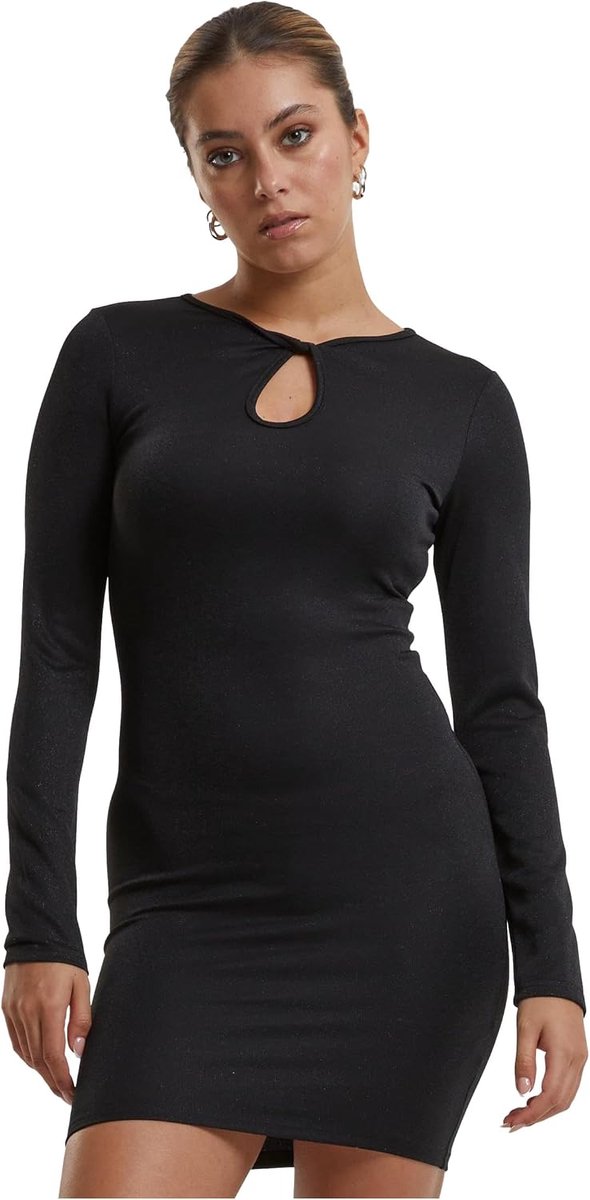 Classics Damesjurk met lange mouwen, glitterjurk met lange mouwen, slim fit, maten XS-5XL, zwart, S
