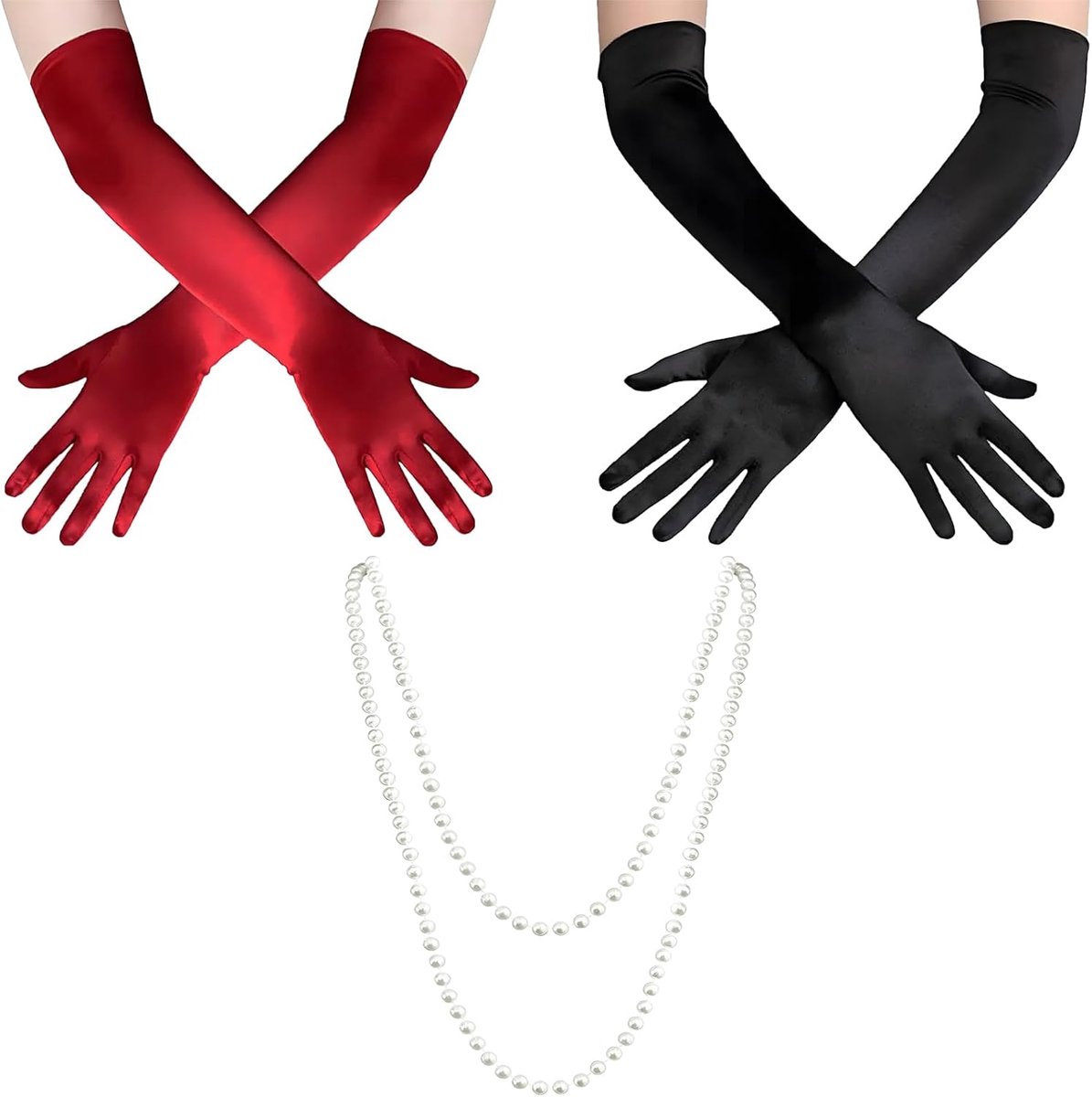Handschoenen, satijnen handschoenen, opera-handschoenen, zwarte handschoenen, lange rode handschoen met plastic parelketting, lange handschoenen voor dames voor Halloween, feest