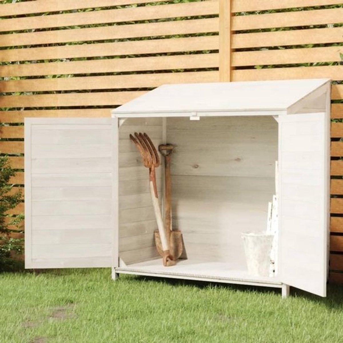Tuinopslag Massief Hout - Opbergbox Buiten - Tuinspullen Organiseren - Beschermend Deksel - 102 x 52 x 112 cm - Wit