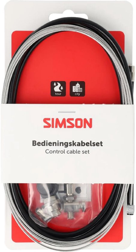 Simson bedieningskabelset in verpakking. Bevat zwarte en zilverkleurige kabels en onderdelen.