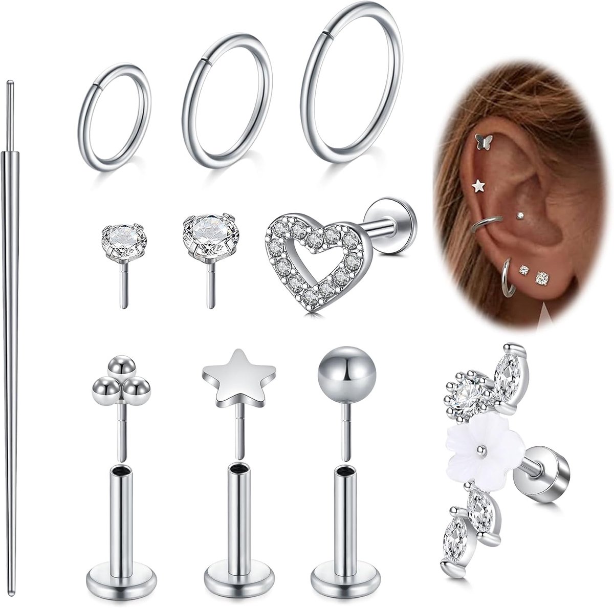 Push In oorstekers, 16G Flat Back oorbellen, hypoallergeen, draadloos, multi-pack, roestvrij stalen oorbellen, push-in kraakbeen, helix, traguspiercing, neus voor vrouwen