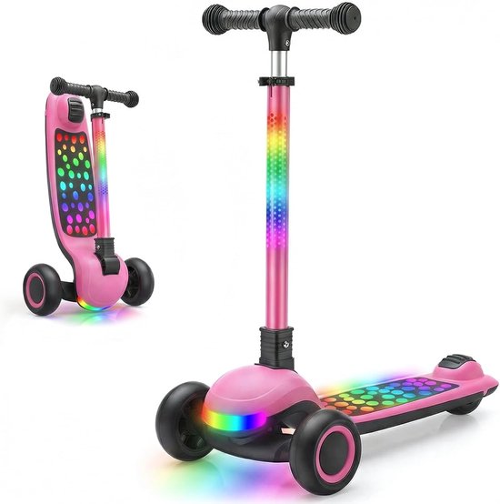Scooter voor kinderen van 3 tot 10 jaar, met slechts één klik, inklapbaar, met 4-voudig in hoogte verstelbaar stuur en achterwielrem, verlichte wide-deck-step