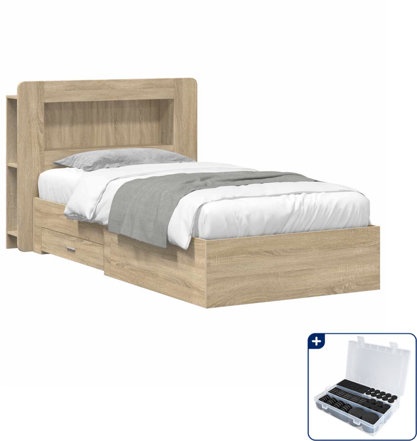 vidaXL bedframe met opslag - 80 x 200 cm - bewerkt hout - sonoma eiken - Inclusief antikrasvilt 177-delig Bruin