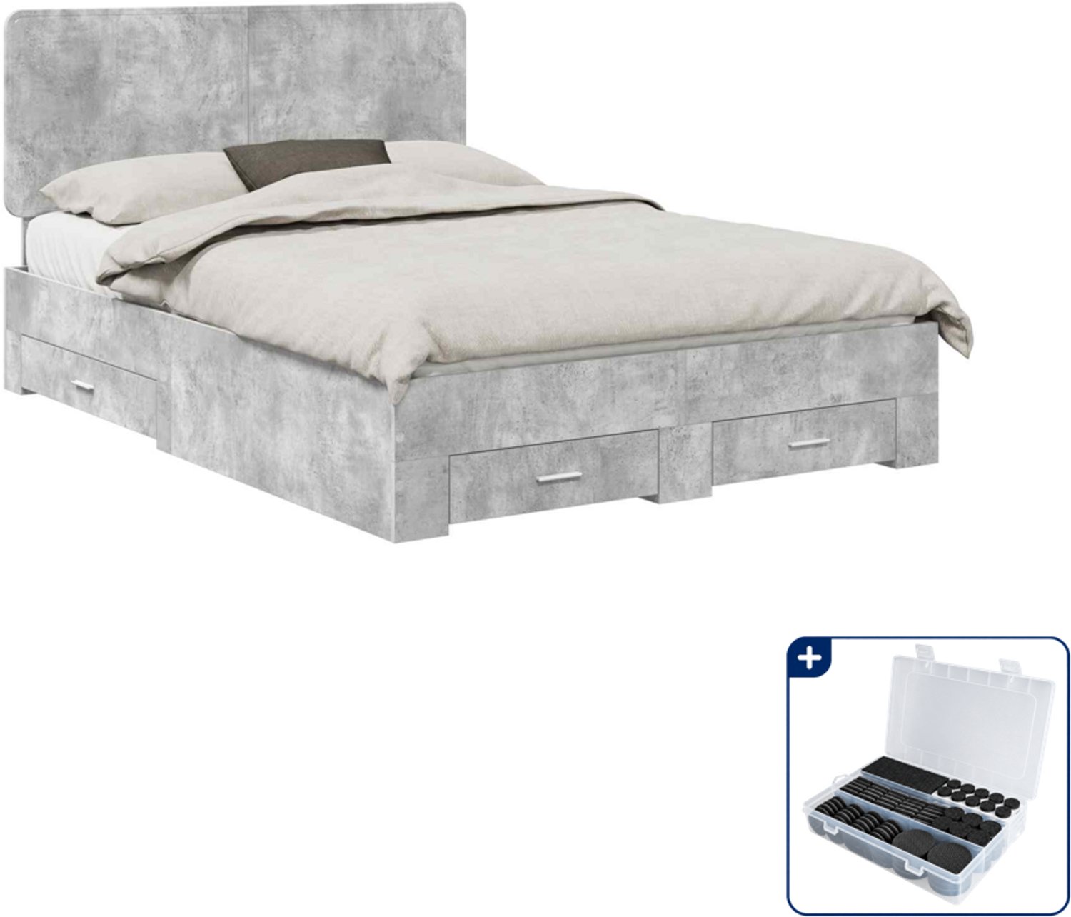 vidaXL bedframe met lade - Queensize - 160 x 200 cm - beton grijs - Inclusief antikrasvilt 177-delig