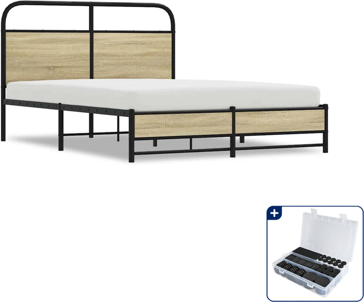 vidaXL bedframe - 135 x 190 cm - bewerkt hout - sonoma eiken - Inclusief antikrasvilt 177-delig Bruin