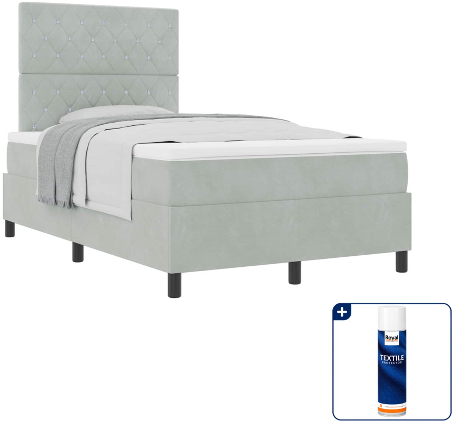 vidaXL boxspringbed met matras - 120 x 200 cm - fluweel - lichtgrijs - Inclusief textielbeschermer 500 ml