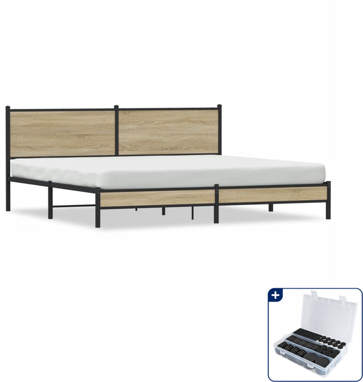 vidaXL Bedframe - 193 x 203 cm - staal en bewerkt hout - sonoma eiken - Inclusief antikrasvilt 177-delig Bruin