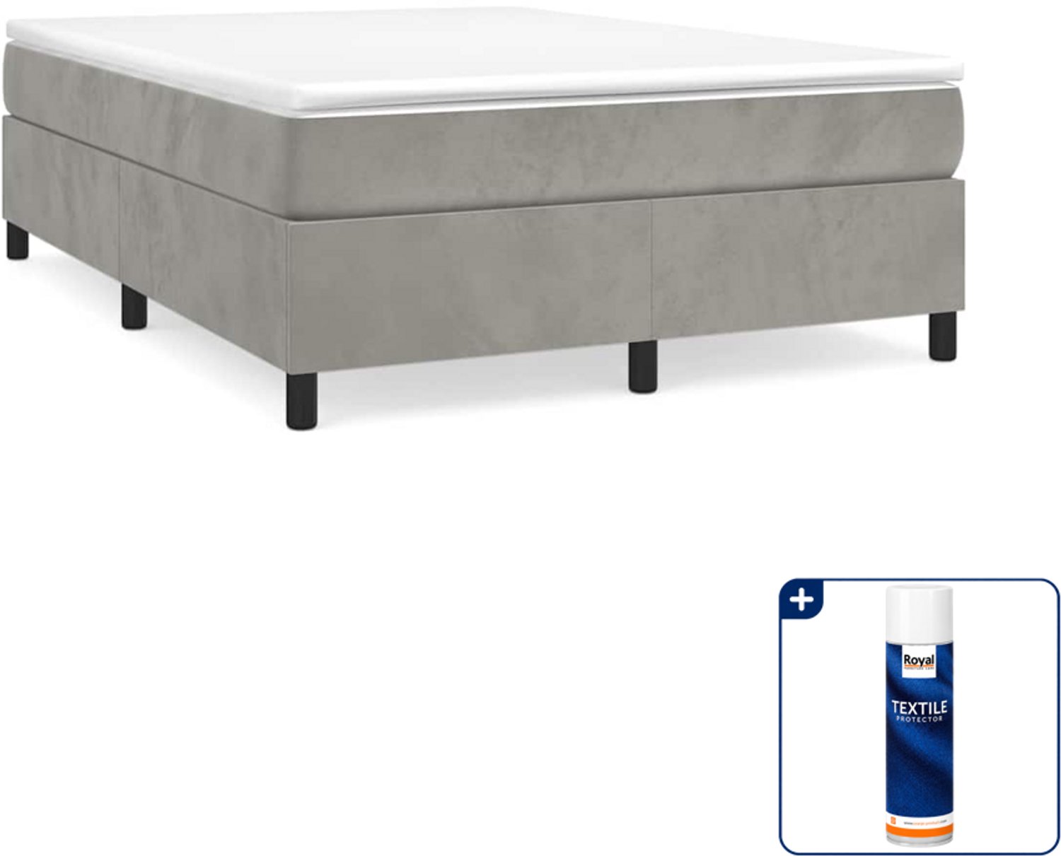 vidaXL boxspring met matras - 140 x 190 cm - fluweel - lichtgrijs - Inclusief textielbeschermer 500 ml Wit