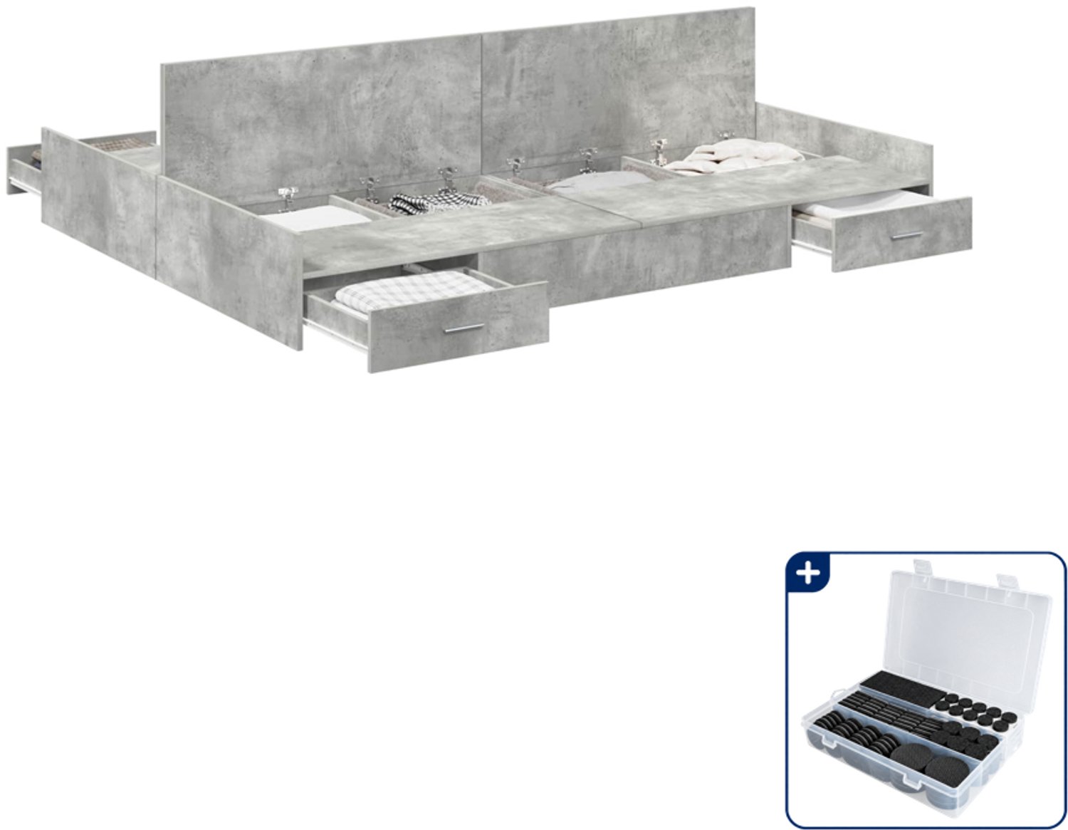 vidaXL Queensize opbergbedframe - 160 x 200 cm - beton grijs - Inclusief antikrasvilt 177-delig