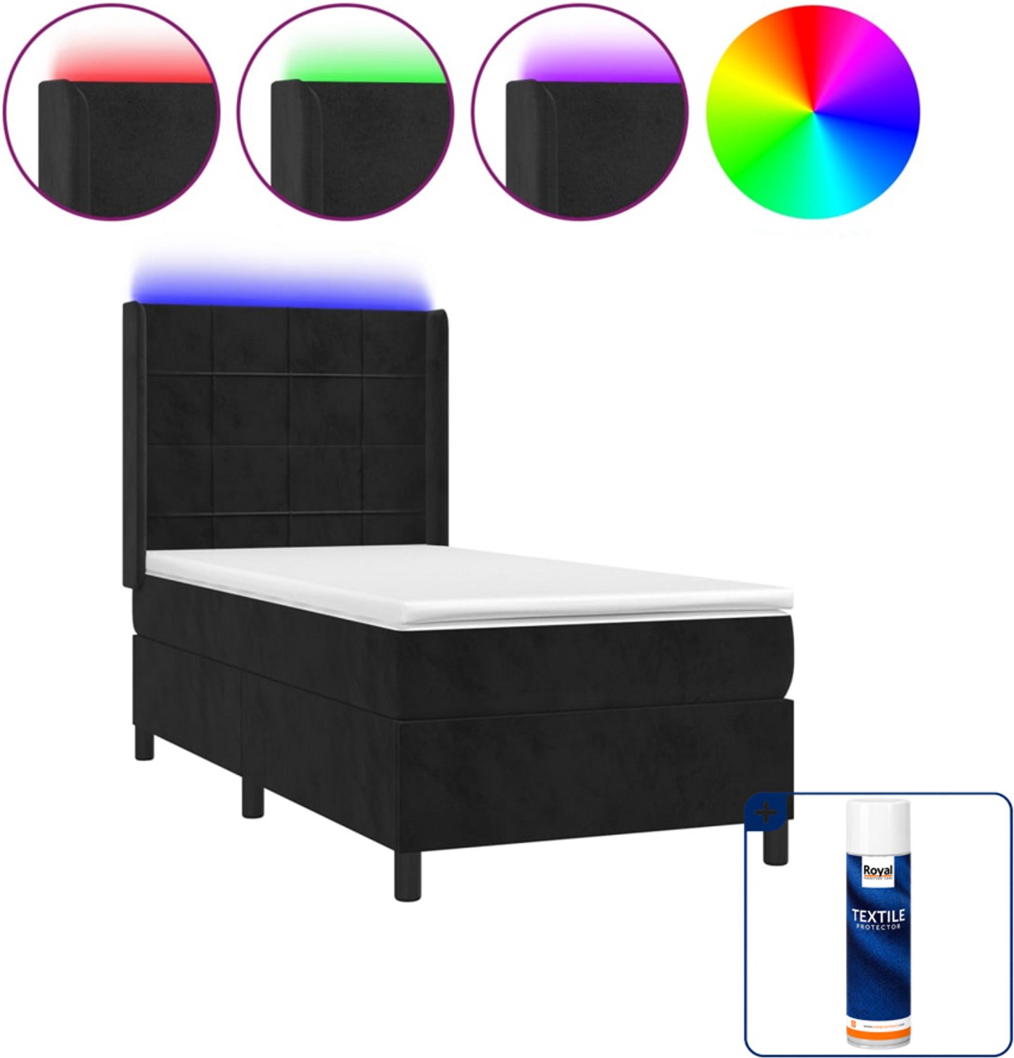 vidaXL boxspring met matras en LED - 80 x 200 cm - fluweel - zwart - Inclusief textielbeschermer 500 ml