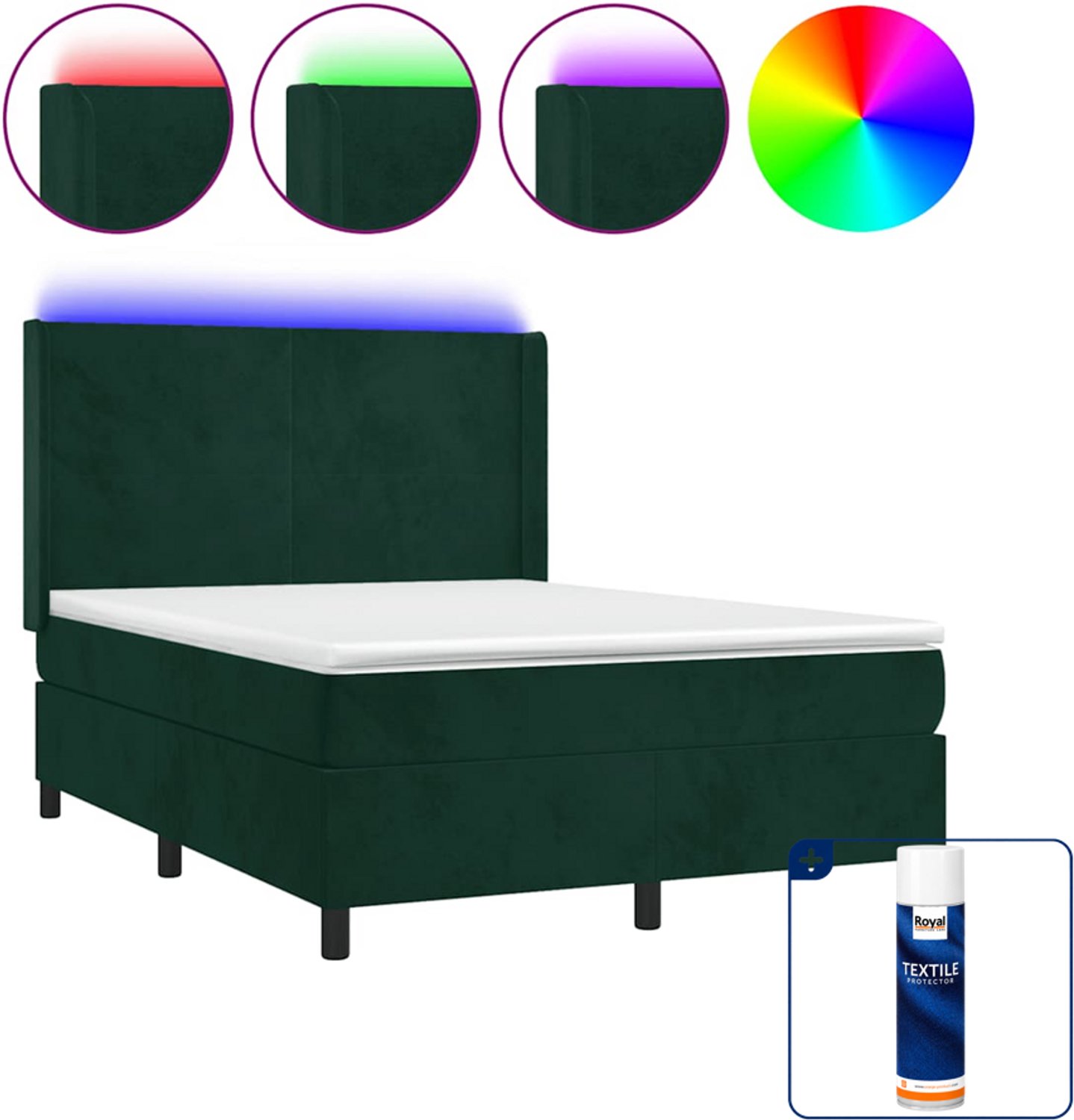 vidaXL boxspring met matras en LED - 140 x 190 cm - fluweel - donkergroen - Inclusief textielbeschermer 500 ml