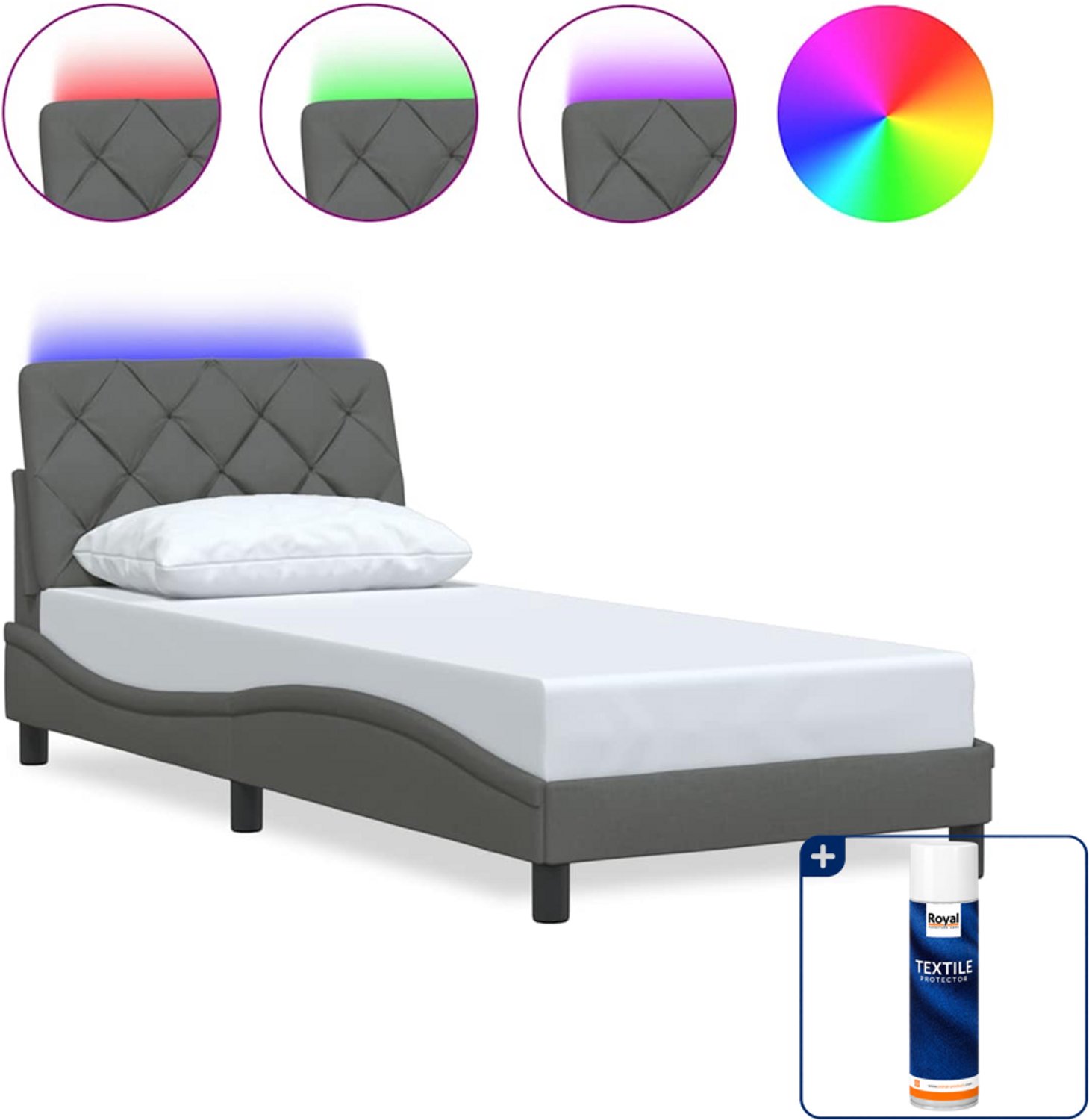 vidaXL bedframe met LED - 90 x 200 cm - stof - donkergrijs - Inclusief textielbeschermer 500 ml