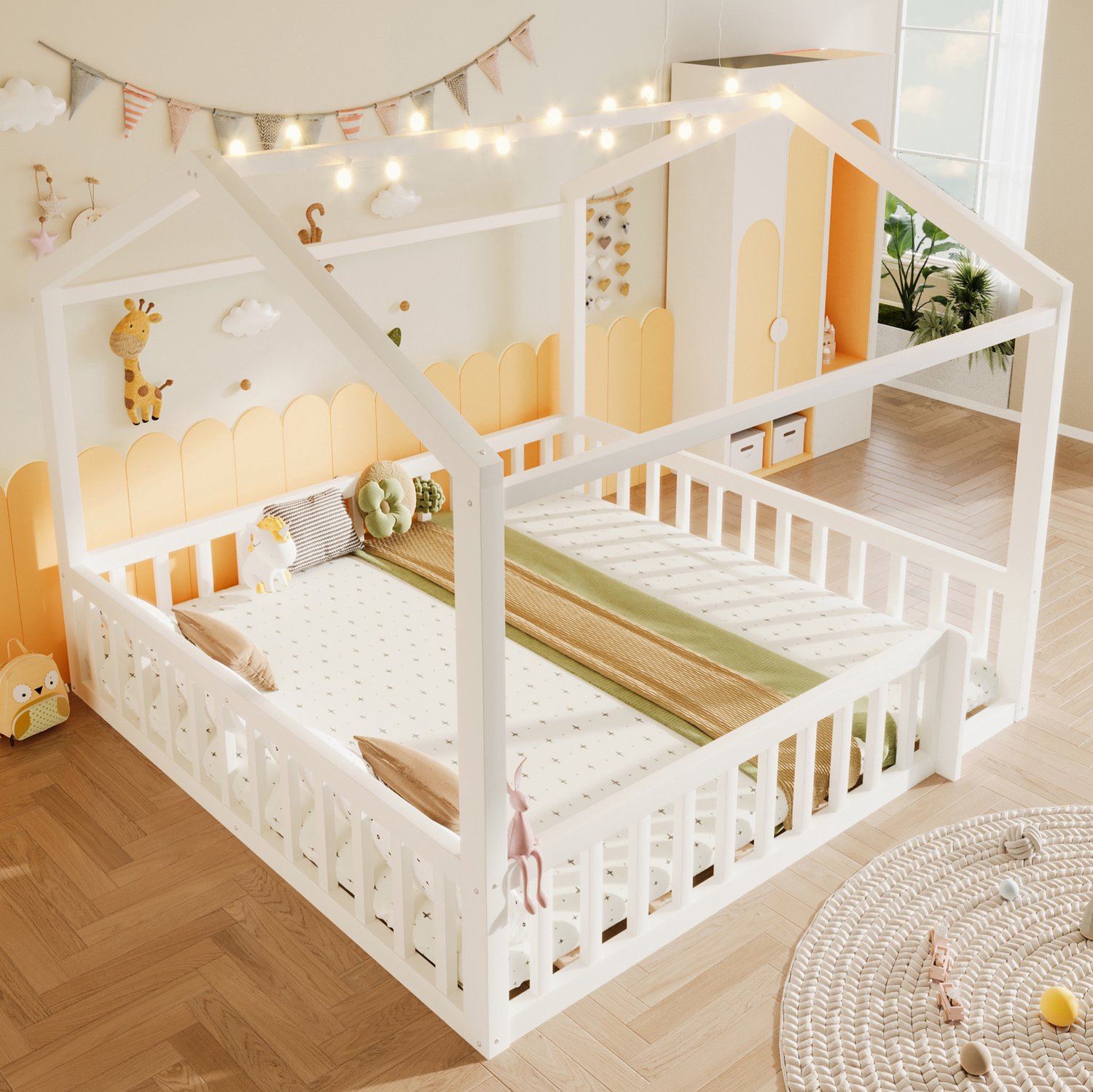 Maisentiel Huisbed voor kinderen – 2 x 90 x 190 cm of 180 x 190 cm – met hekjes en verlichting Wit