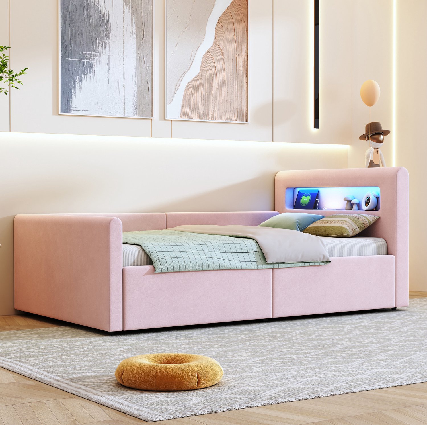 Maisentiel Roze kinderbed 90 x 200 cm met opbergruimte, LED-verlichting en USB-aansluiting