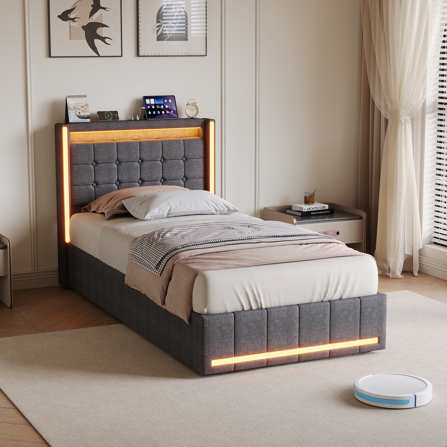 Yelenaro Hydraulisch opbergbed 90x200 cm, Eenpersoonsbed met LED en USB, Gestoffeerd Bed met Lattenbodem, Jongerenbed, Gastbed, Grijs linnen, Zonder matras