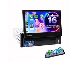 ESSGOO autoradio 1 din met scherm - Android 16 - draadloze Apple CarPlay en Android Auto - 7-inch touchscreen met handmatig uitschuifbaar scherm