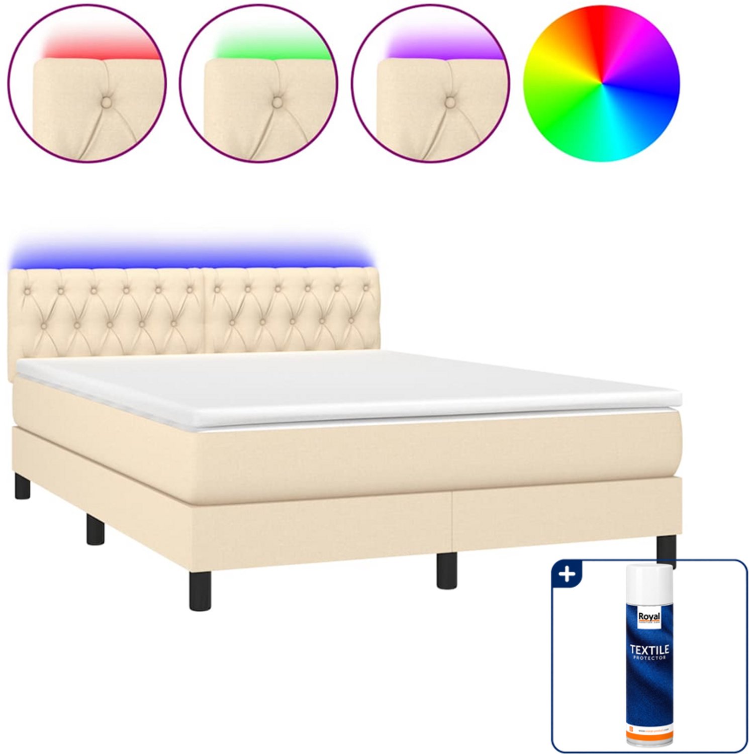 vidaXL boxspring met matras en led - 140 x 190 cm - crème - Inclusief textielbeschermer 500 ml