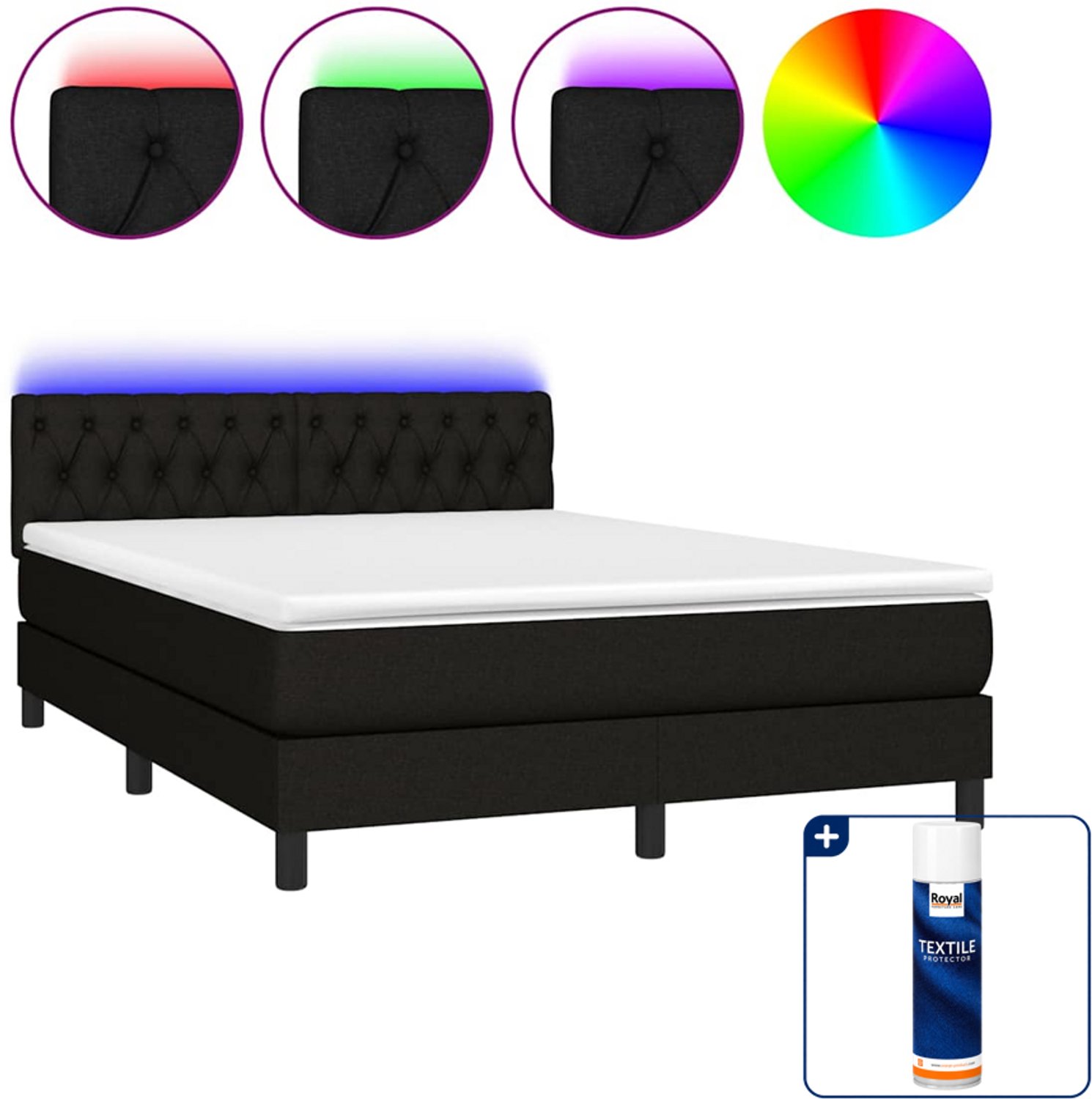 vidaXL Boxspring met matras en LED - 140 x 190 cm - zwart - Inclusief textielbeschermer 500 ml