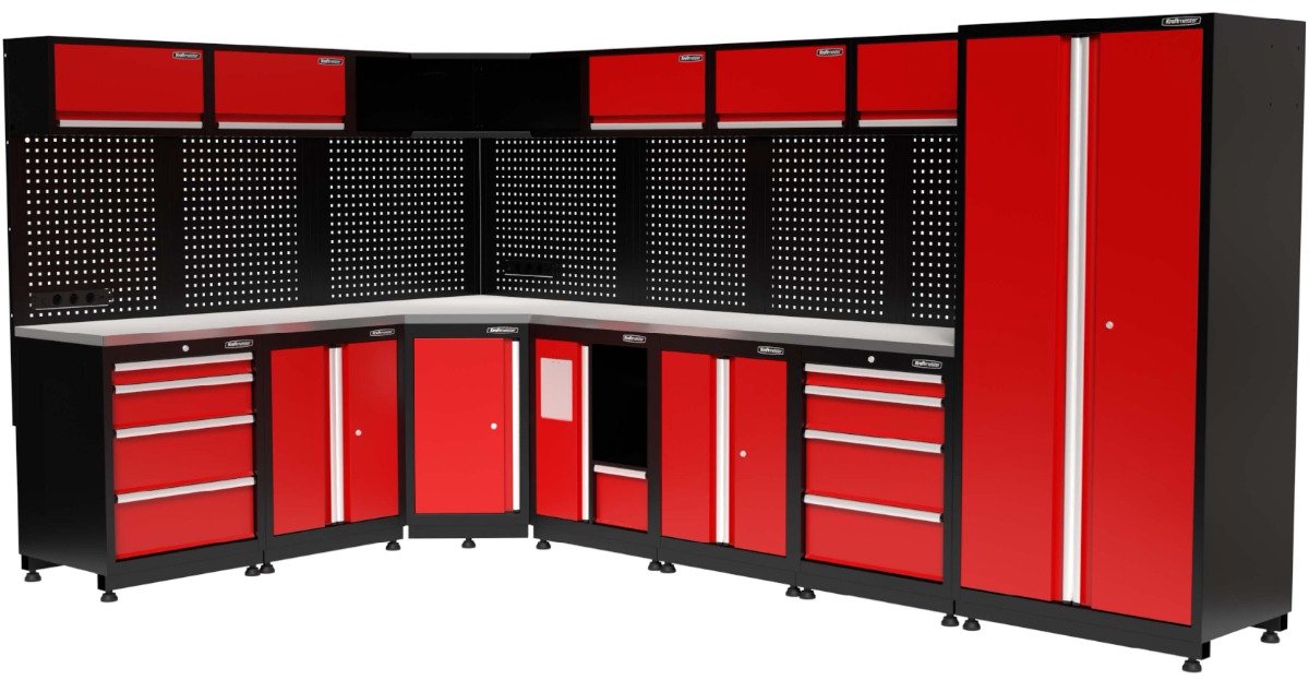 Kraftmeister werkplaatsinrichting - Werkbank met 6 wandkasten, 1 werkplaatskast, 3 opbergkasten, 1 prullenbak en RVS werkblad - Werktafel met 8 laden en gereedschapswand - Complete set voor werkplaats of garage - Rood