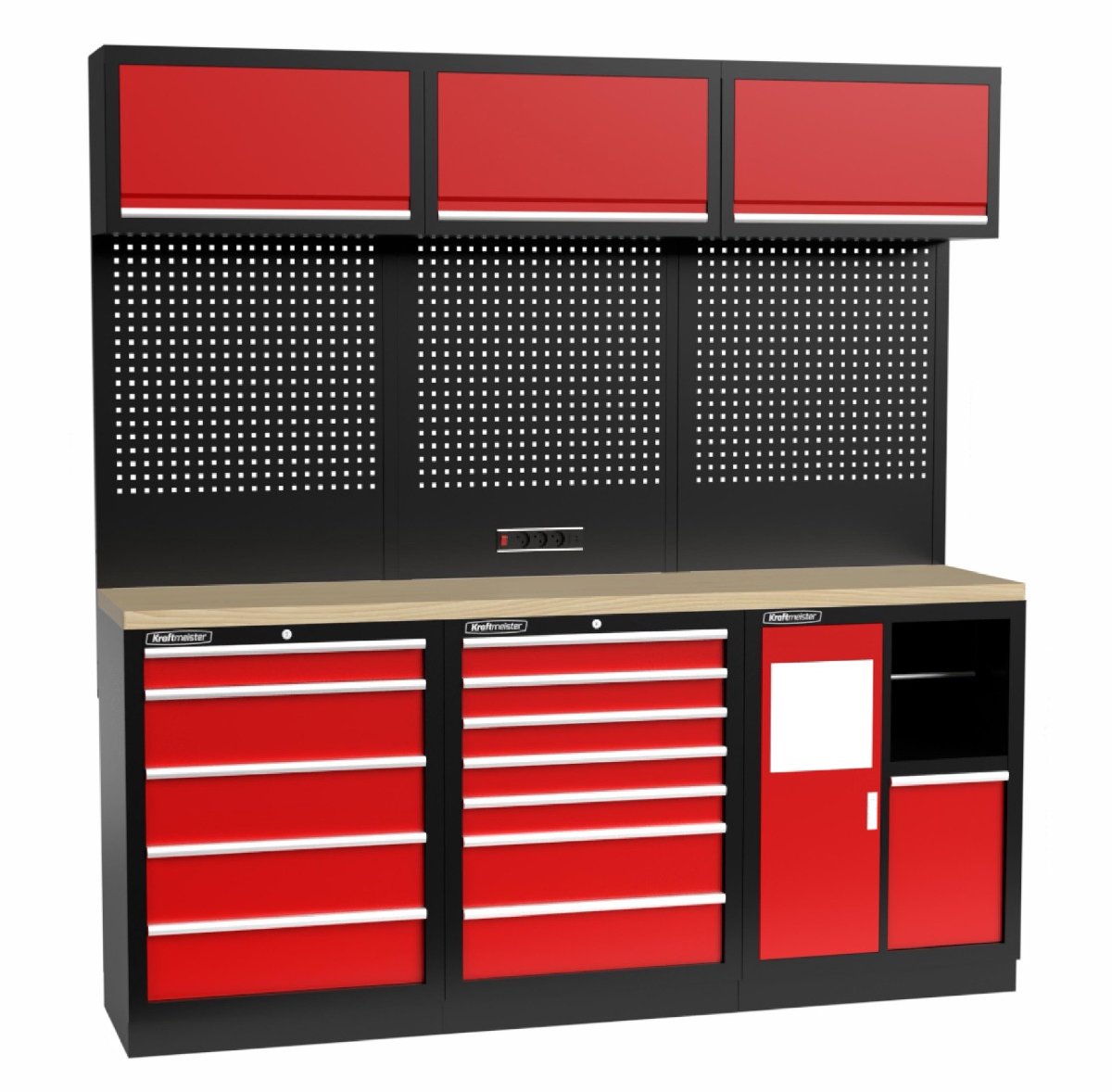 Kraftmeister werkplaatsinrichting - Werkbank met 3 wandkasten en multiplex werkblad - Werktafel met 12 laden en gereedschapswand - Complete set voor werkplaats of garage - Rood