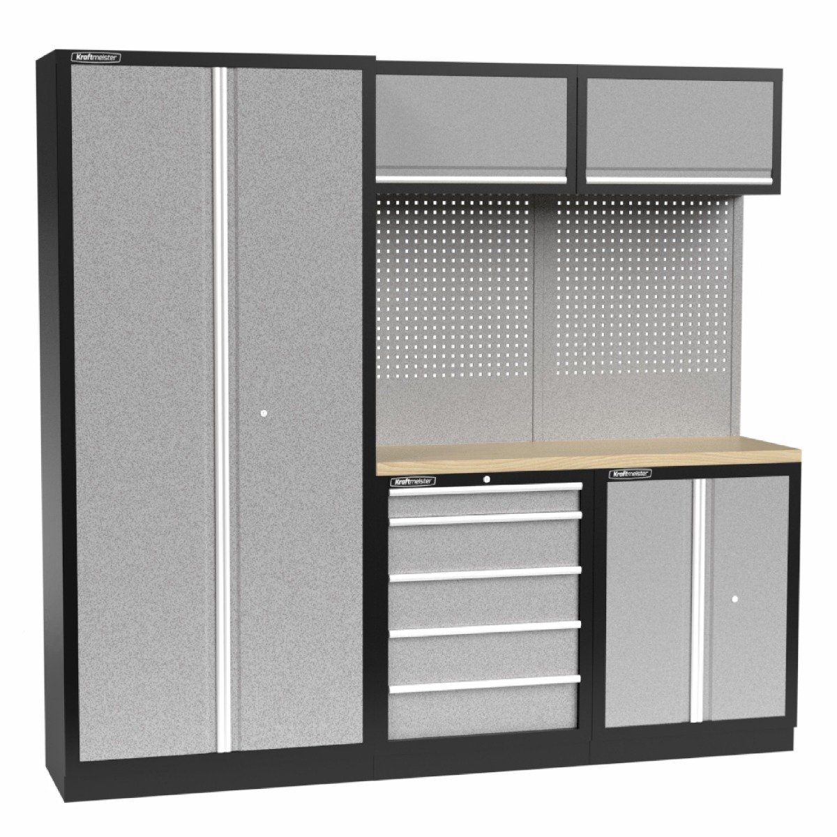 Kraftmeister werkplaatsinrichting - Werkbank met 2 wandkasten, 1 werkplaatskast, 1 opbergkast en multiplex werkblad - Werktafel met 5 laden en gereedschapswand - Complete set voor werkplaats of garage - Grijs
