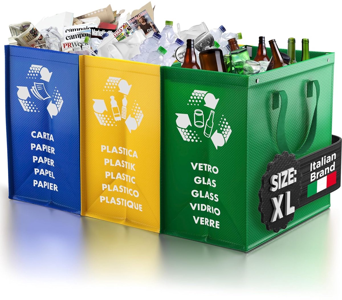 SnelShoppen - Afvalbak 3 Compartimenten MAXI XL - Afvalscheidingssysteem voor Papier, Glas en Plastic - Duurzame Recycling Organizer Tassen - Keuken e