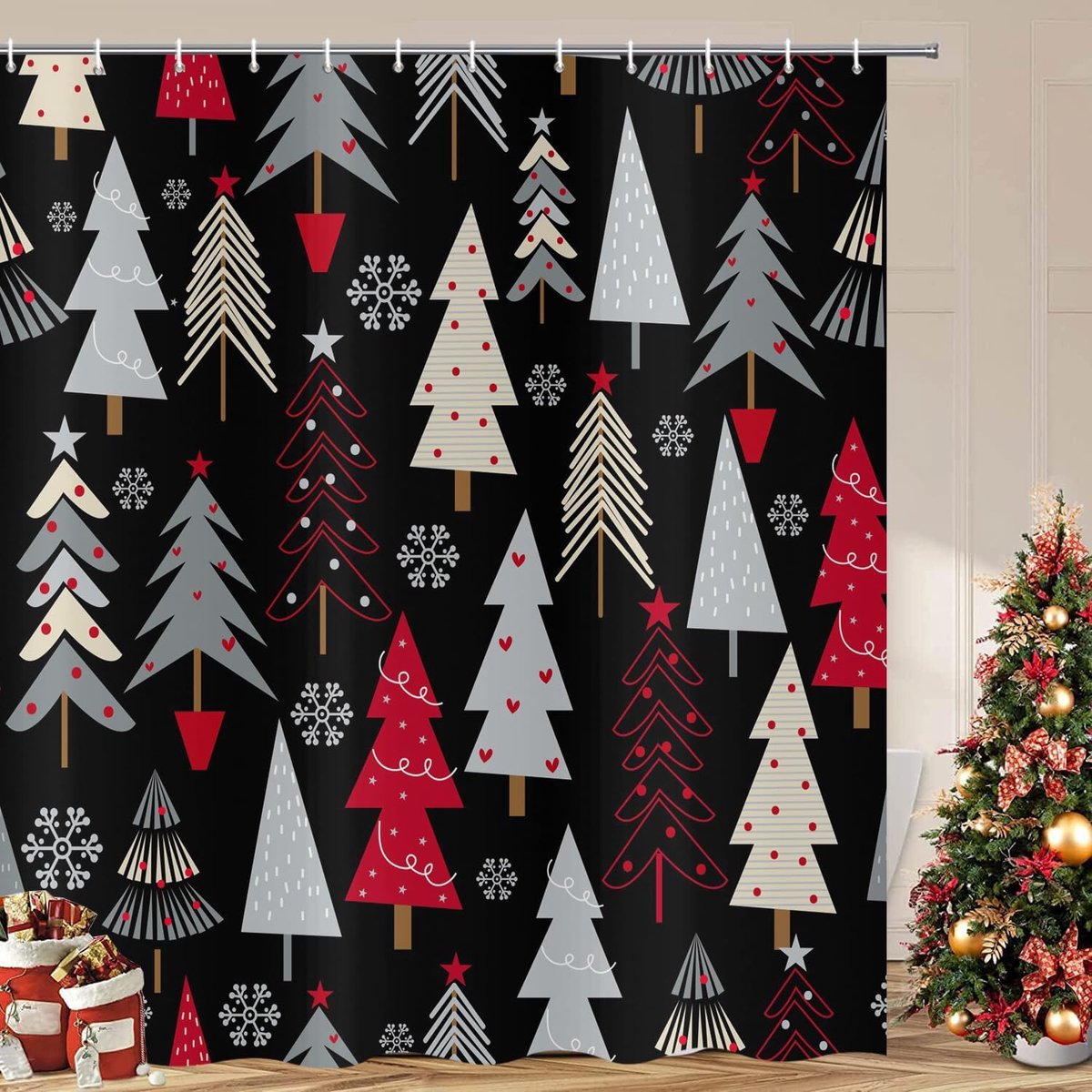 Douchegordijn 180x180cm - Cartoon Grijs Rood Kerstboom - Waterdicht Polyester - Sfeervolle badkamer decoratie - ShopVlot
