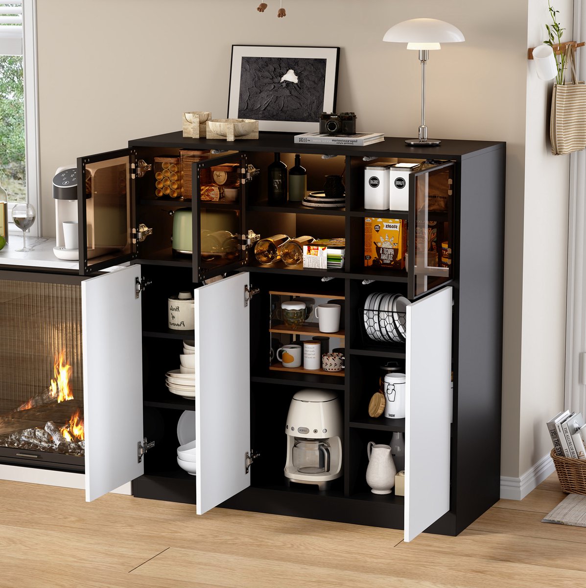WUVRIE Dressoir 100 x 40 x 105 cm - 6 deuren, 14 vakken en LED-verlichting - Zwart/wit