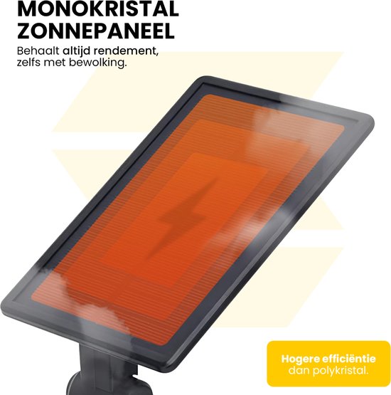 Monokristallijn zonnepaneel met tekst 'Hogere efficiëntie dan polykristal'.
