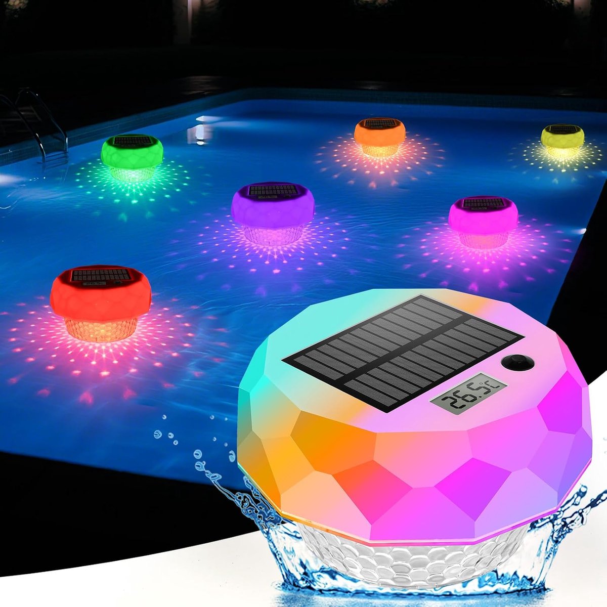 ZWOOS Zonnelamp voor zwembad, zwembadlicht met thermometer, zwembadlampen met afstandsbediening, RGB-verlichting met - ShopVlot