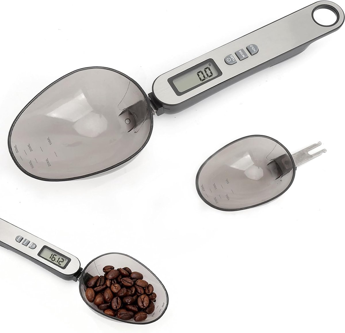 Lepelweegschaal, digitaal, 2 maten, lepelkoppen, meetbaar, 500 g/0,1 g, zilveren roestvrijstalen voorkant, digitale maatlepel, digitale maatlepel, dig