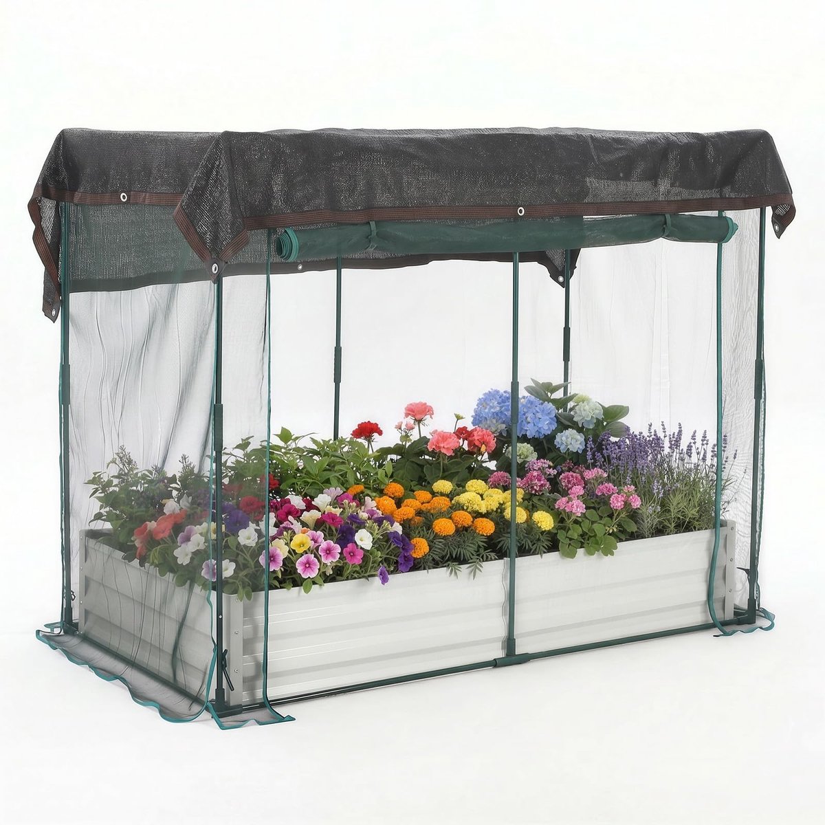 Triumpunpre - Verzinkte Metalen Verhoogde Tuinbak Met Beschermkooi - Insectengaas En Zonnedoek - Open Bodem Voor Groenten En Bloemen - Gebroken wit - 180x90x30cm
