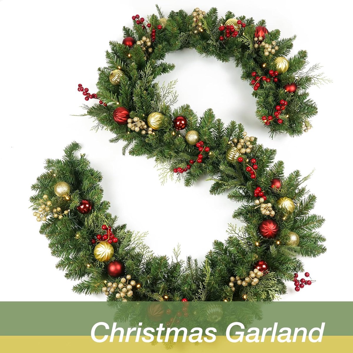 Kerst Guirlande met Verlichting (1.8m) - Kunst Dennen Guirlande met Kerstballen & Bessen - LED op Batterij - Voor Schouw & Trap – foto 2