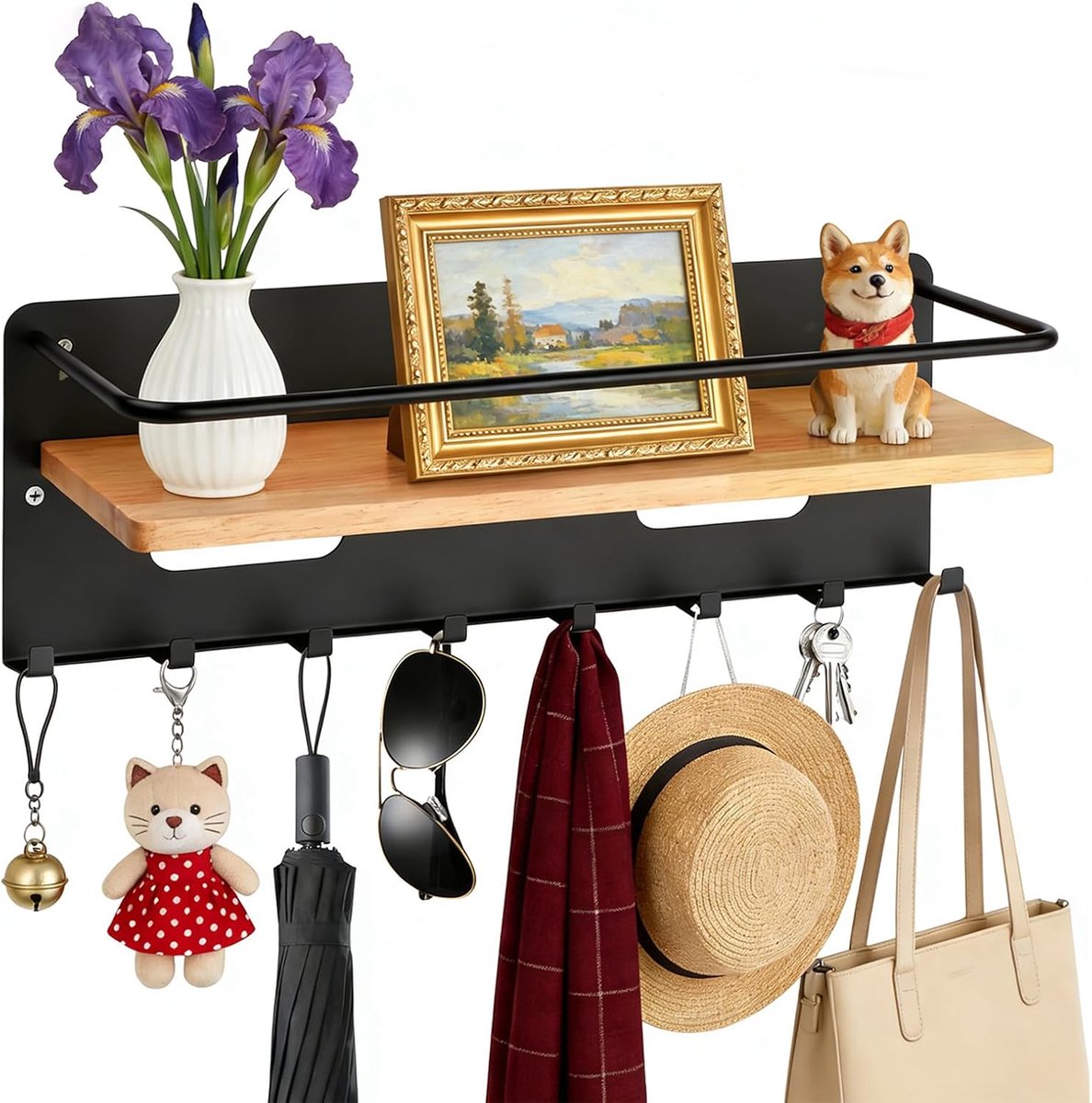 Sleutelrek van hout met plank, sleutelrek met houten dienblad en 8 haken, metalen sleutelplank, multifunctioneel - ShopVlot