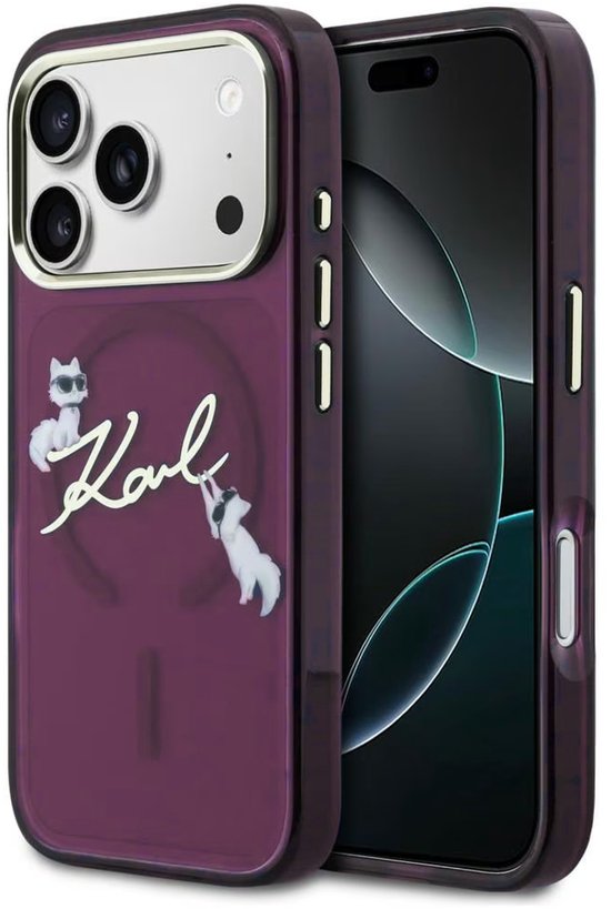 Bordeauxrood MagSafe telefoonhoesje met Choupette illustraties en zilverkleurig 'Karl' logo.