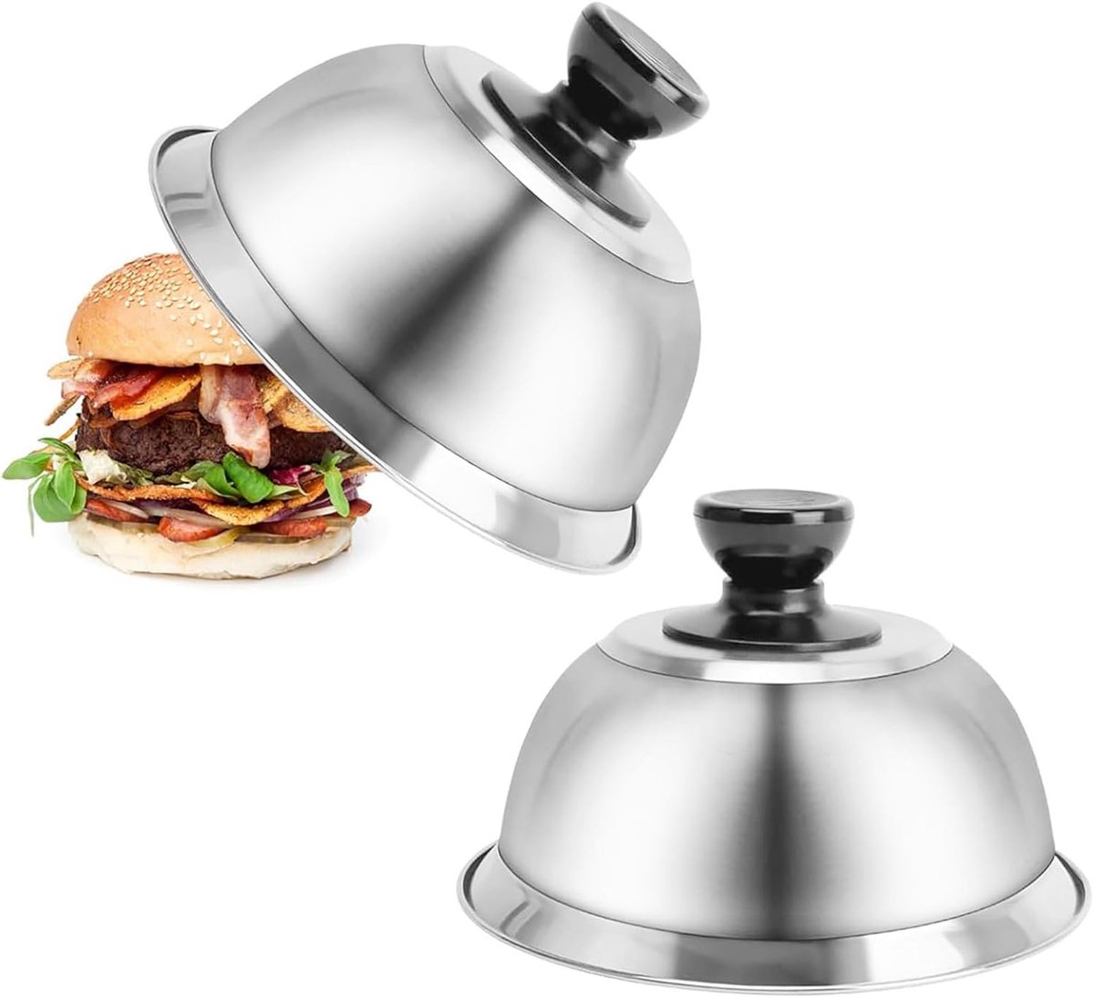 Burger Bells Set of 2, Stainless Steel Burger Lid, Burger Bell, Grill Bell, Hamburger Caps for Grill, Kitchen, Steak - ShopVlot