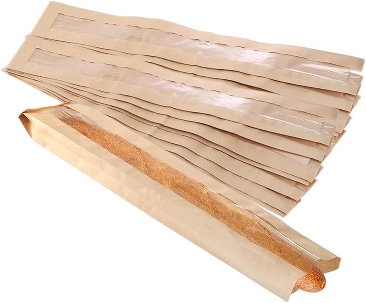 50 Pack Paper Bread Bag Baguette Kraft Bags 58.5cm x 10cm x 4cm Bakery Storage Bag Clear Windscreen 64 Clear Seal - ShopVlot