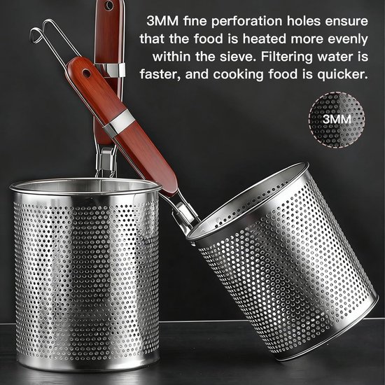 SnelShoppen - Pack van 2 Pasta Mandjes, Microperforated Colander, RVS, 14 cm + 12 cm, Pasta Strainer met Houten Handvat voor Pasta, Groenten, Dumpling van Snelshoppen — afbeelding 4