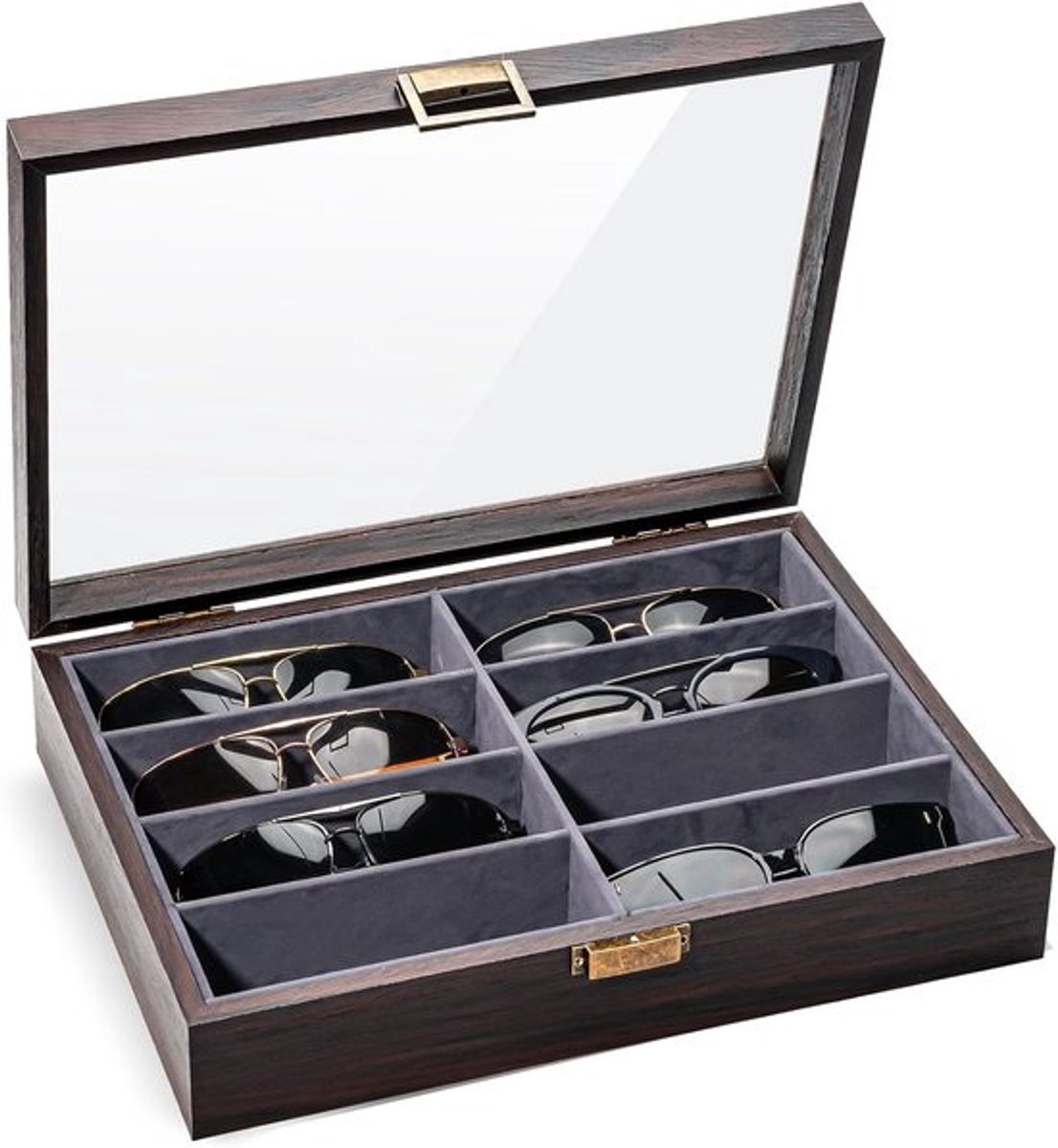 Houten zonnebrilorganizer met 8 slots voor mannen en vrouwen - glazen vitrine voor meerdere brillen