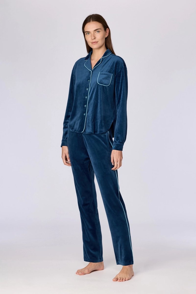 Woody pyjama dames doorknoop velours - donkerblauw - 262-15-TPC-V/881