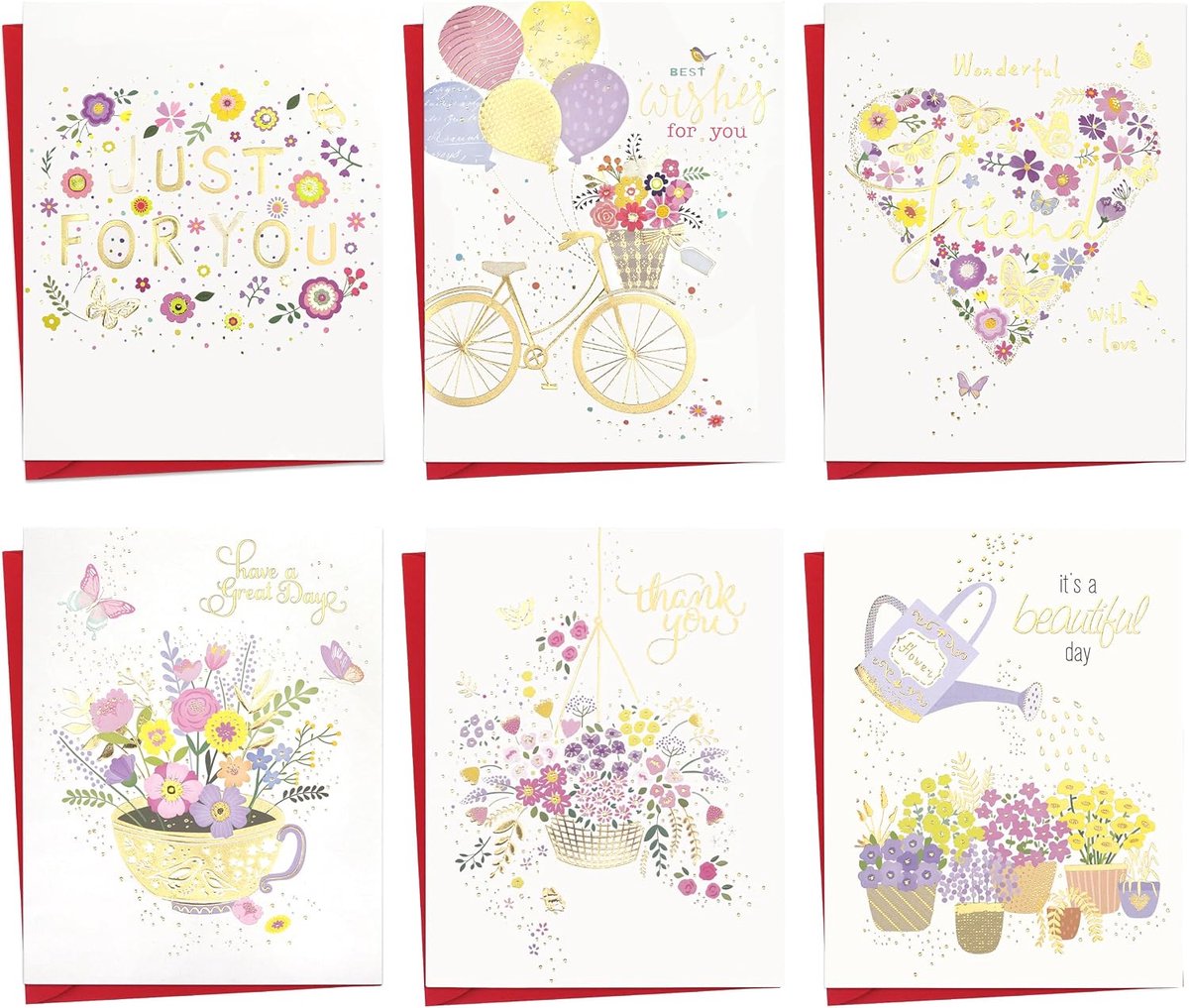 Bedankkaarten in assortiment, 12 stuks, 6 bloemenpatroonontwerpen met 12 enveloppen en briefpapier, 17,8 x 13,6 cm, kaart voor vrienden, familie, vrienden, jubilea, afscheid, collega's