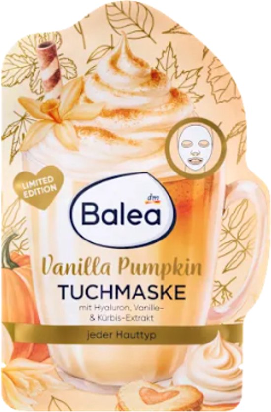 Balea Limited Edition Vanilla Pumpkin Tuchmaske met illustraties van pompoen, slagroom en bladeren.