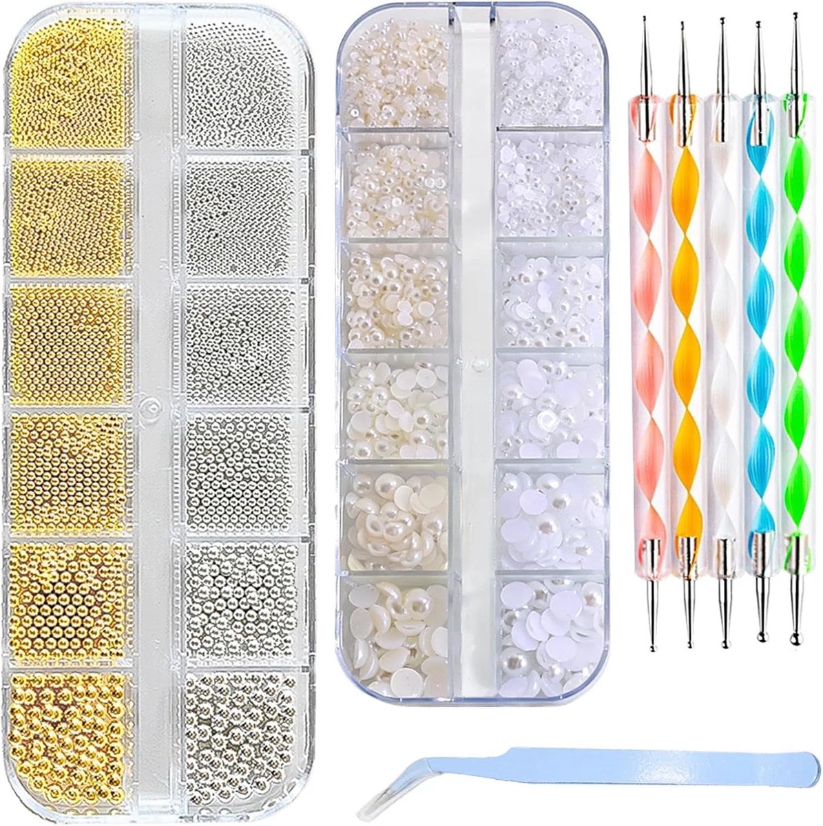 2 dozen kaviaarkralen voor nagels, strasssteentjes voor nagels, platte nageljuwelen, gouden strasssteentjes met strass-pen en pincet, voor nail art-ontwerpen.
