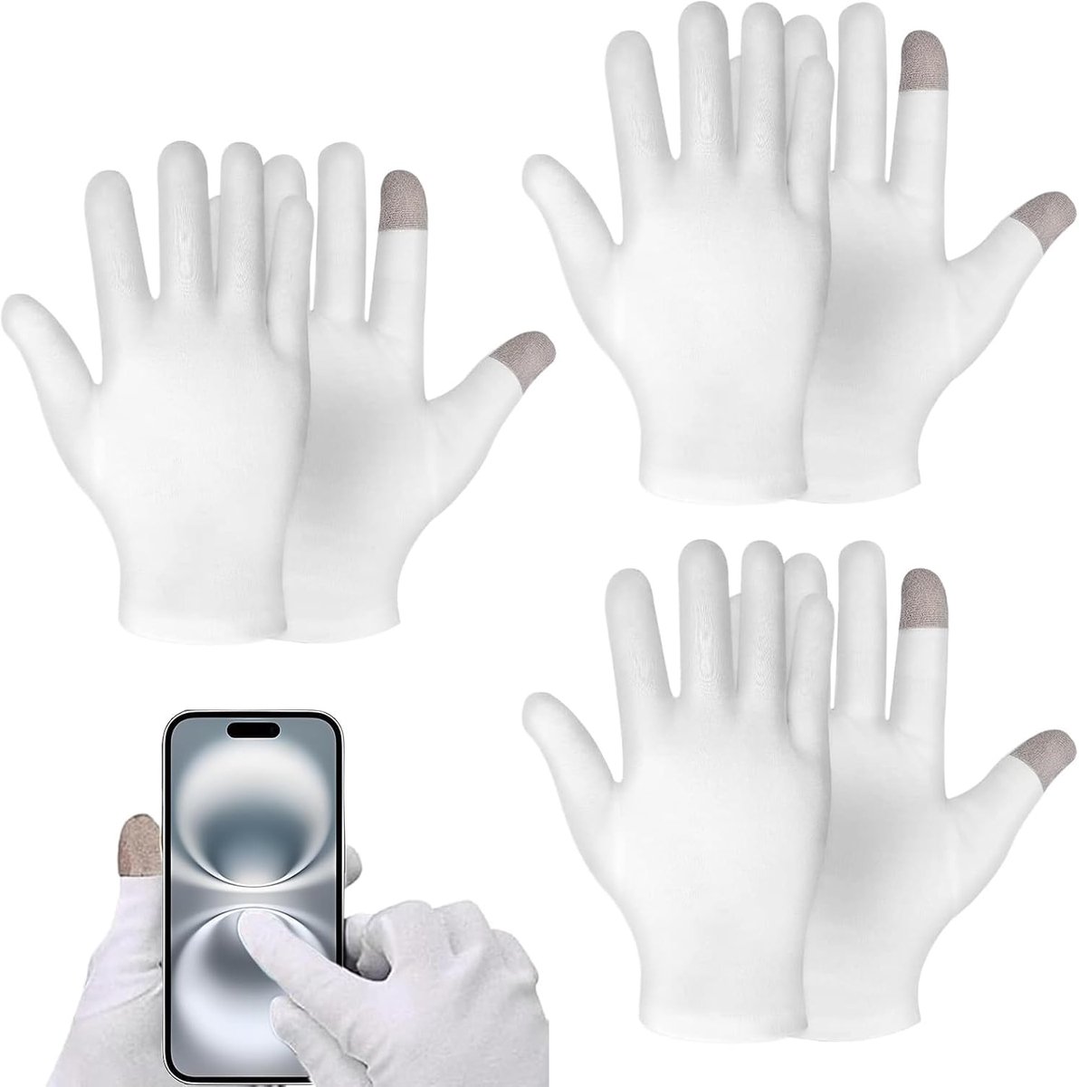 3 paar katoenen handschoenen wit, katoenen handschoenen voor droge handen, hydraterend, cosmetica eczeem, handplezier en sieradeninspectie, wasbare rekbare ademende stoffen handschoenen