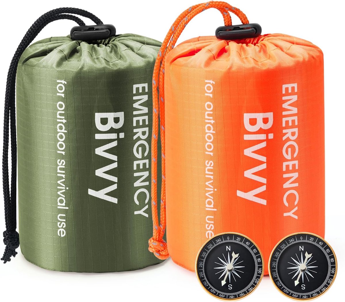 Noodslaapzak, 2 stuks draagbare survival thermische bivy zak, waterdichte lichtgewicht survival onderdak deken tassen met kompas en fluitje voor kamperen wandelen outdoor avontuur oranje + groen