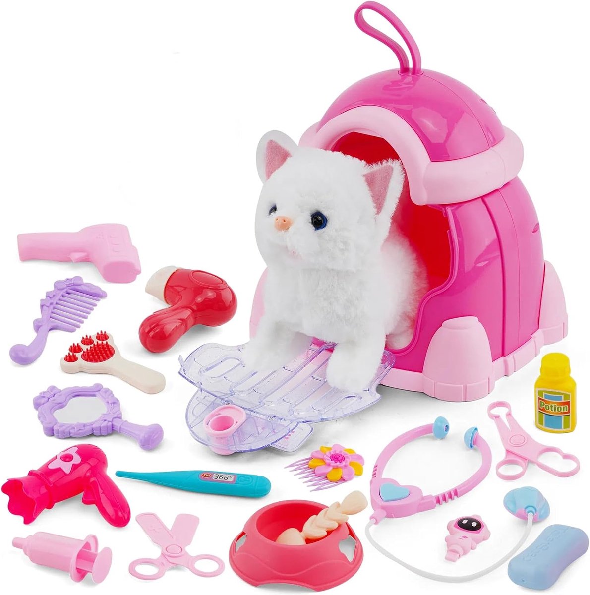 Kattenspeelgoed met riem, miauwen en lopen, interactief elektronisch speelgoed voor huisdieren, kattenspeelgoed, interactief speelgoed bevat 20 accessoires voor kinderen 3 4 5 6 7