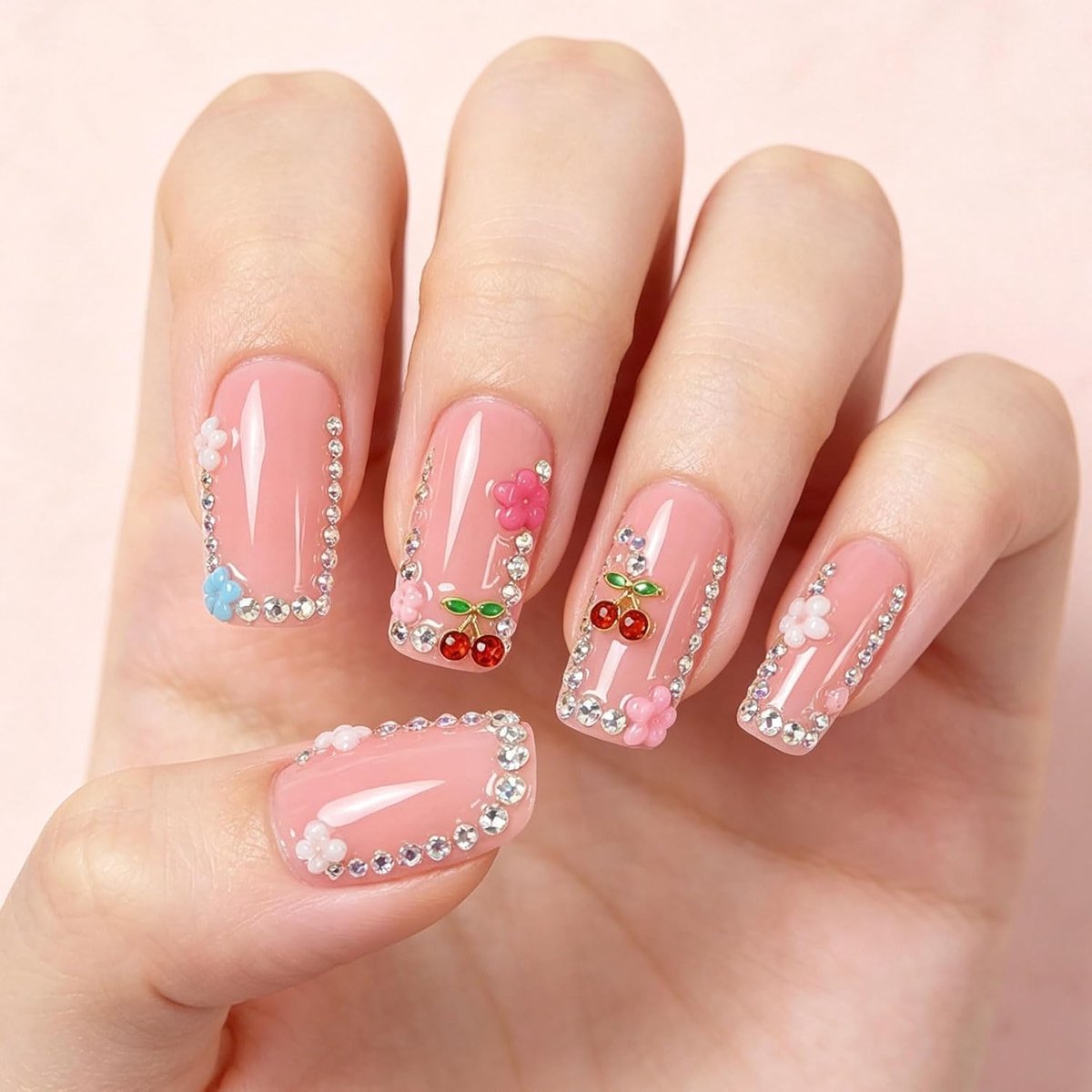 10 Stück Handgemaakte Opknagels, Lange Vierkante Kunstnagels met 3D Kers-Bloem Strass, Decoratieve Acrylnagels voor - ShopVlot