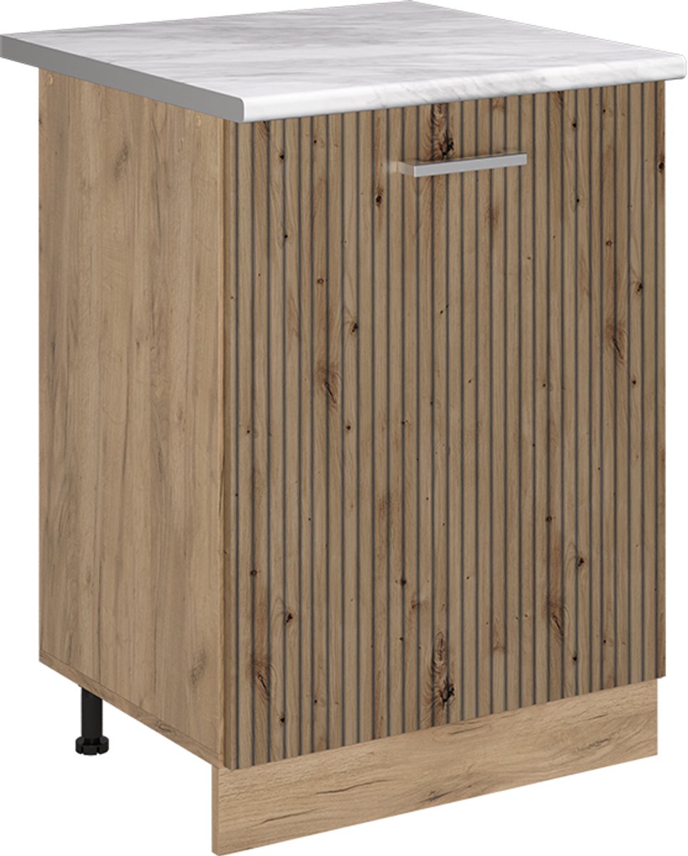 Vicco Keukenonderkast R-Line, Artisanaal eiken/Goudkleurig Eiken, 60 cm met 1 deur marmer werkblad