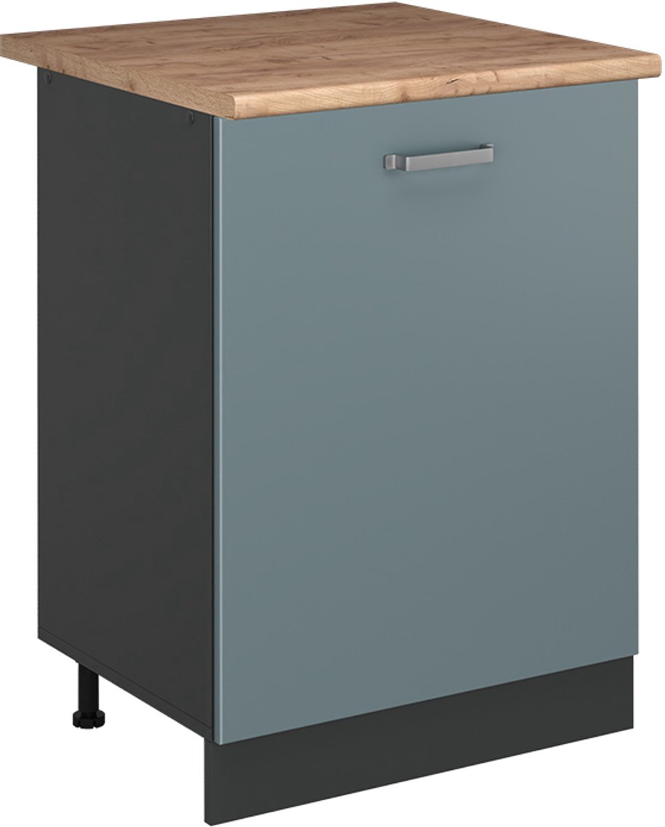 Vicco Keukenonderkast R-Line, Blauw-grijs/Antraciet, 60 cm met 1 deur goudkleurig eiken werkblad